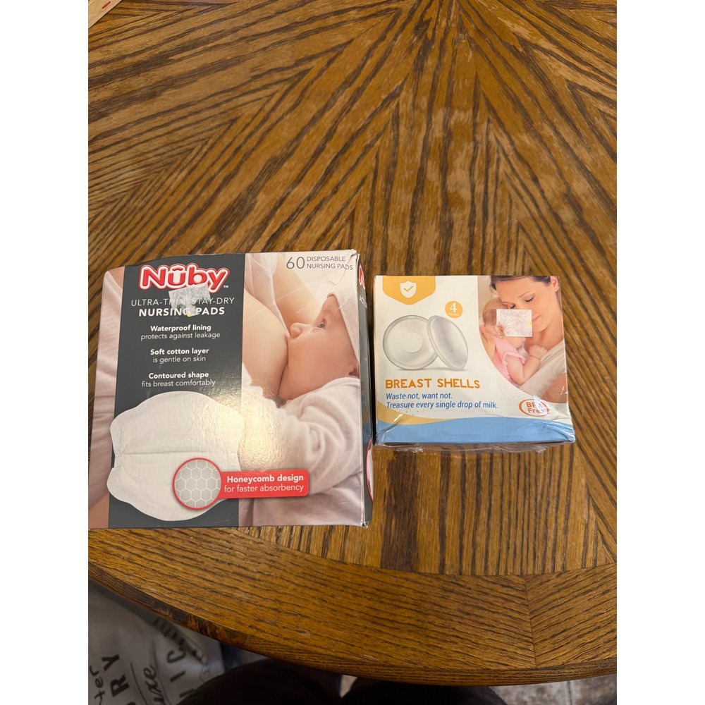 Nuby Ultra Thin Stay Dry Nursing Pads 60ct and Breast Shells 4pc Bundle BPA Free